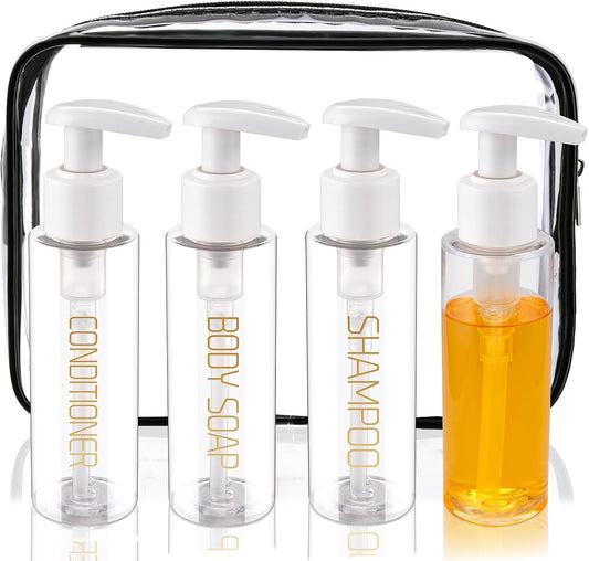 Travel Bottles Plastic Pump Bottle Dispenser Tsa Approved 3.4oz/100ml 4 Pack Refillable Shampoo and Conditioner Empty Travel Size for Cosmetic, Lotion, Liquid Soap (Clear)