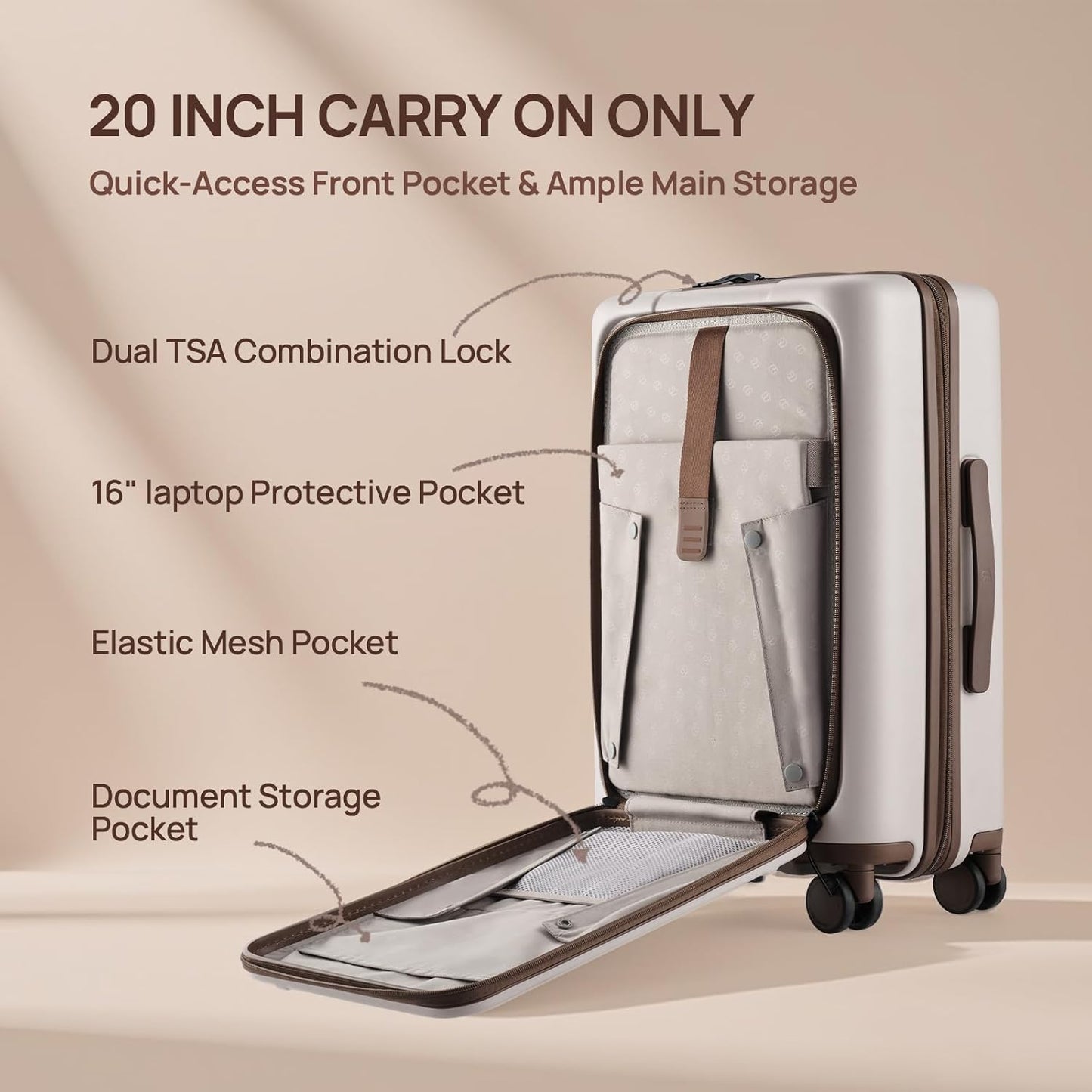 NINETYGO Medium Checked Luggage 25 Inch, Flat Top Opening Checking In Luggage with Cup Holder, Expandable, Coffee-Infused PC Hard Shell, Eco-Friendly, TSA Lock, 360° Spinner Wheels (Oats White)