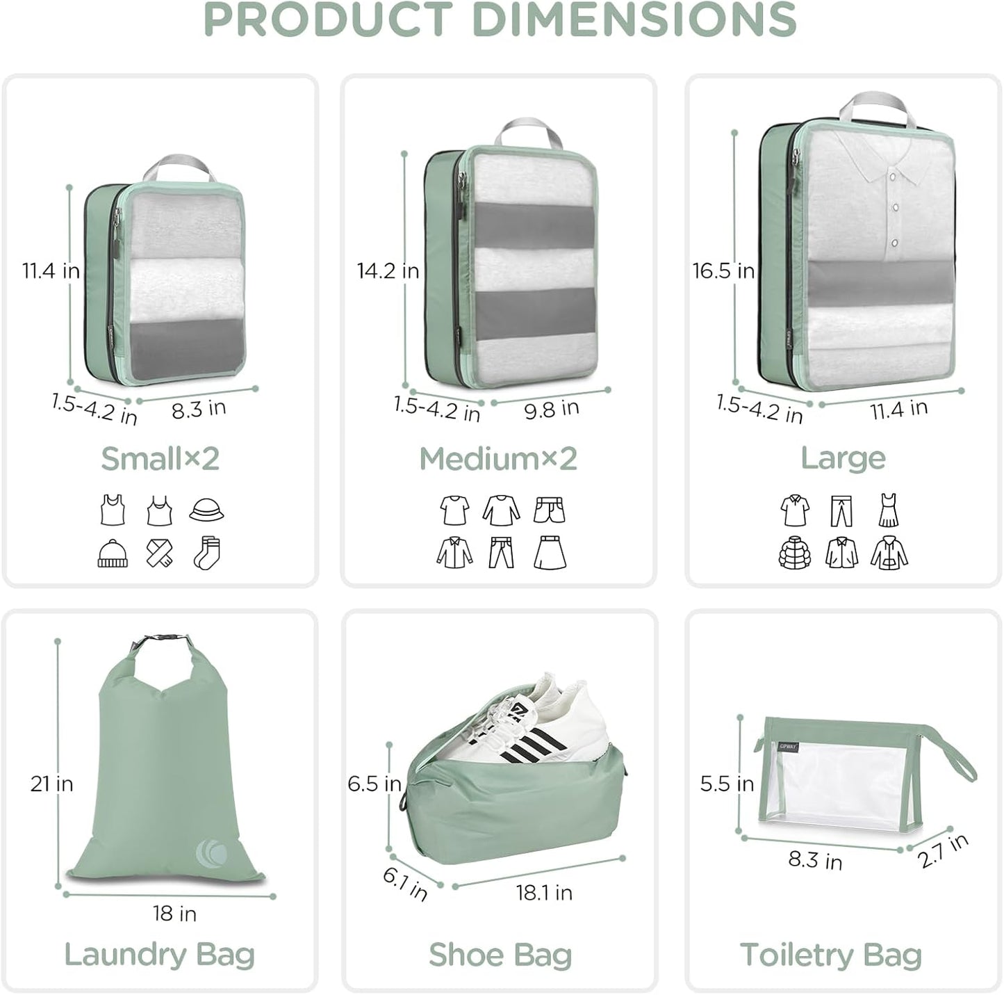 Cipway Compression Packing Cubes Mesh, Lightweight Luggage Organizer Bags with Laundry Bag,Toiletries Bag and Shoe Bag, Travel Essentials for Carry on Suitcase（8 Pcs,Sage Green）