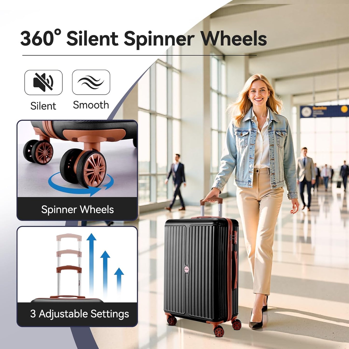 Hoteel 3 Piece Luggage Set with Spinner Wheels (4-YEAR WARRANTY), Carry on Luggage for Travel with TSA Lock, Hardshell ABS+PC Suitcase Set, 20" Suitcase + Expandable Duffel Bag + Cosmetic Bag(Black)