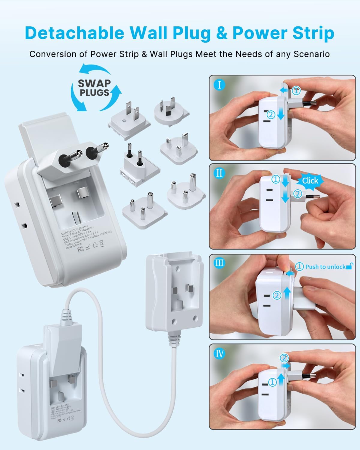 VINTAR Universal Travel Adapter Kit, 0.5ft Detachable Extension Cord with 4 AC Outlets & 3 USB(2 USB C), Type A/C/G/D/I/M International Power Adaptor for US to Europe UK India South Africa Japan