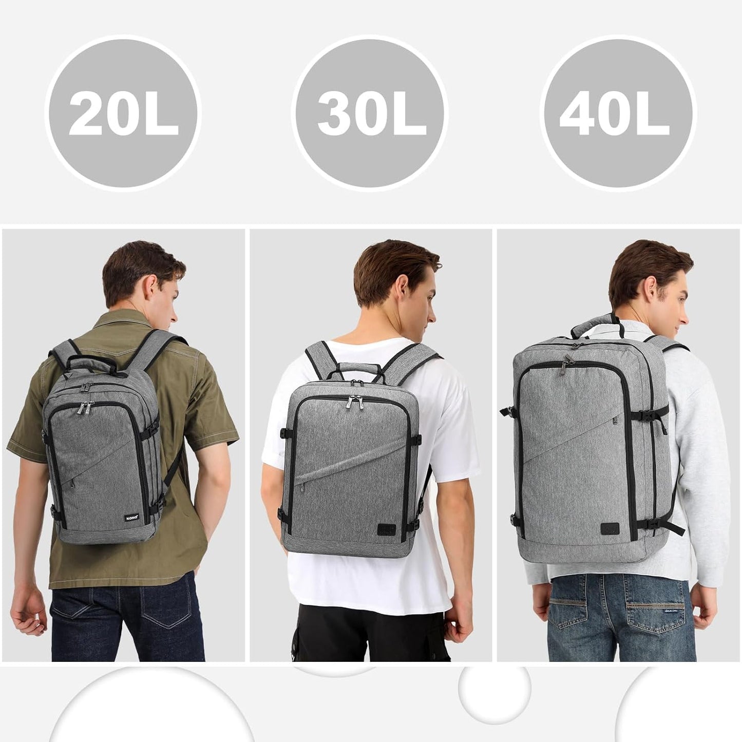 Kono Carry on Backpack, 16" Airplane Approved Under Seat Travel Backpack for Men and Women, Waterproof Lightweight Daypack for Flight 20L (Grey, Small)