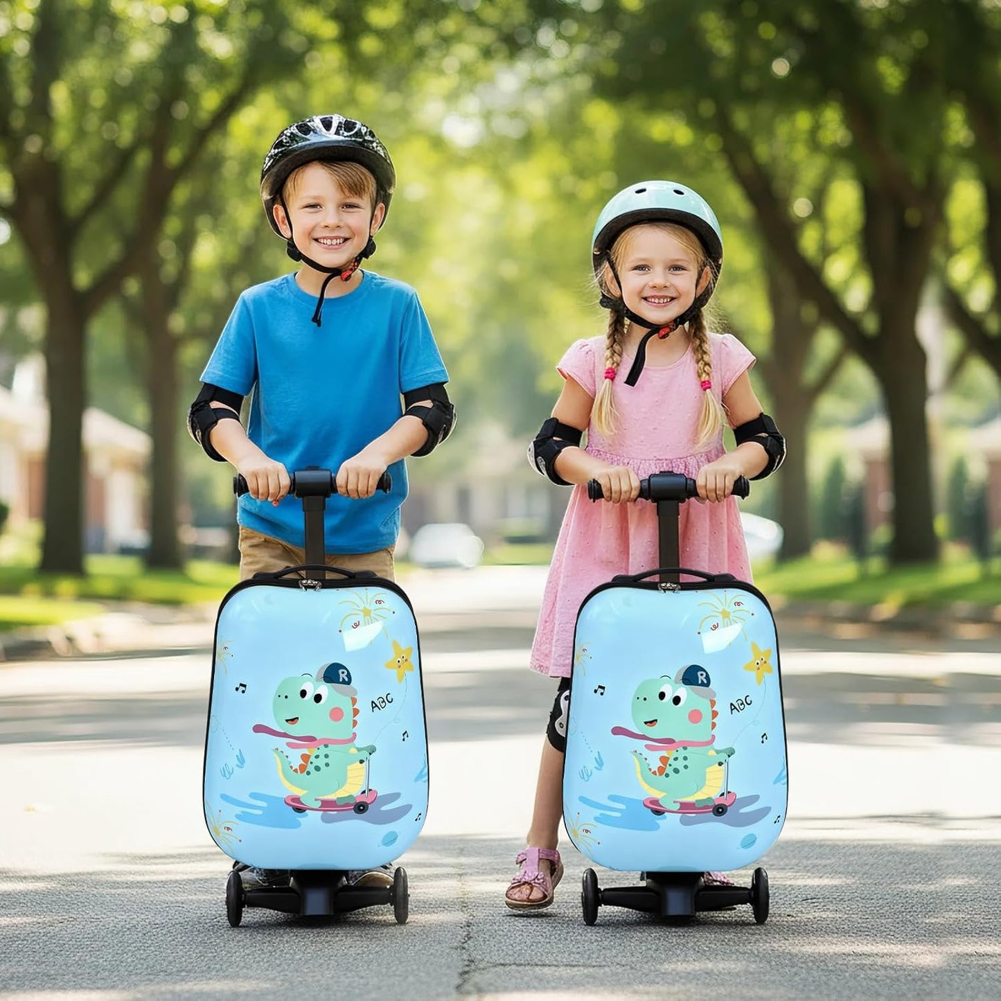 4-in-1 Detachable Scooter Luggage for Kids & Teens – Hardside Ride-On Suitcase with Led Light Up Wheels, Dinosaur Design, Lightweight Foldable, Perfect Travel Gift for Boys(Light Blue 22-inch)