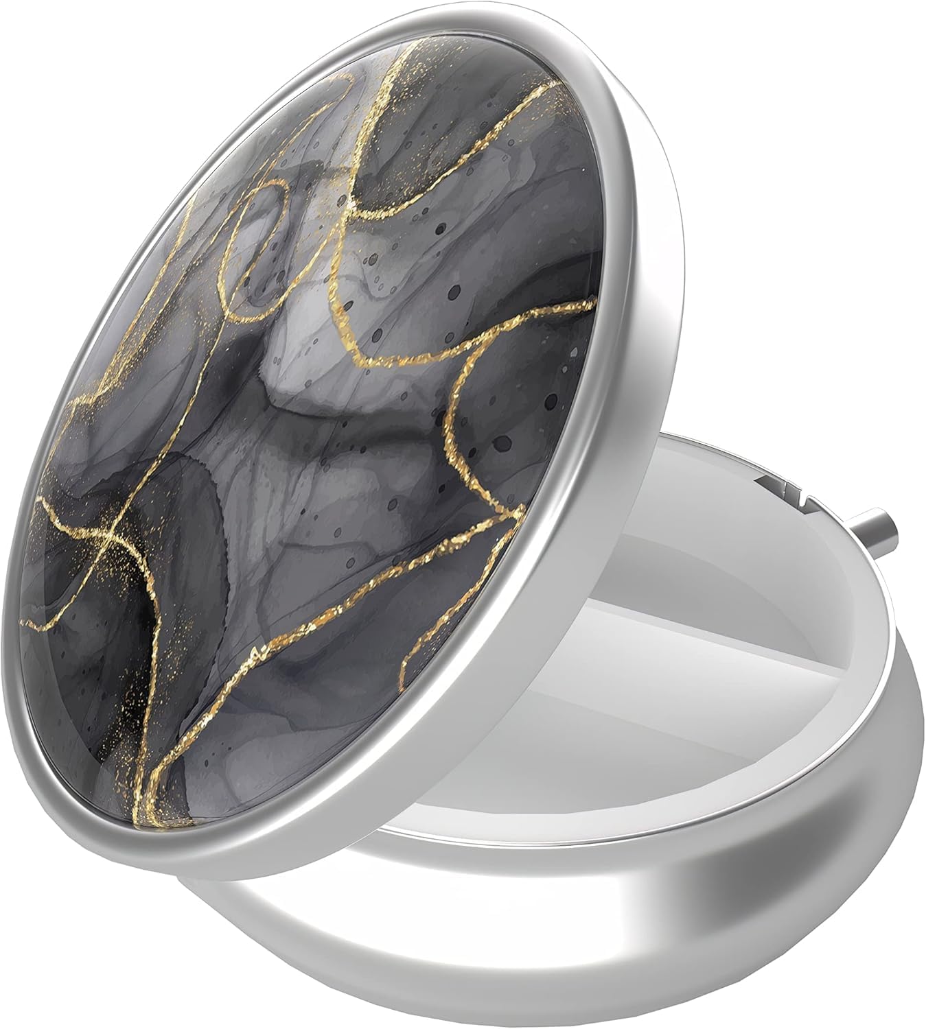 Pill Box, 3 Compartment Portable Travel Medicine Box with Mirror, Compact and Cute, Fits in Purse and Pocket, Medicine and Vitamin Organizer (Black Gold Marble)