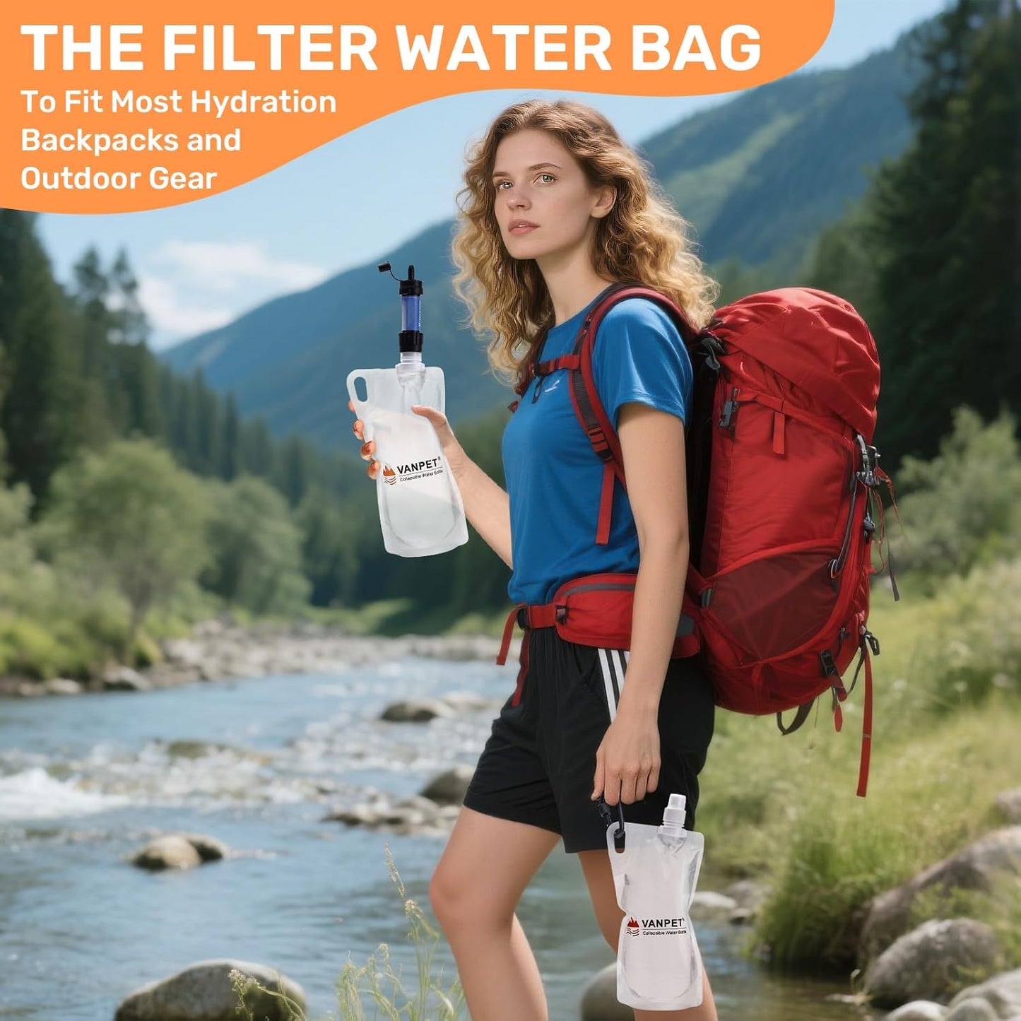 1L Hiking Collapsible Water Bottles, 33OZ BPA-Free Plastic Flasks, Reusable Drink Bags, Foldable Backpacking Water Bottle for Travel Camping Hiking (2-Pack)