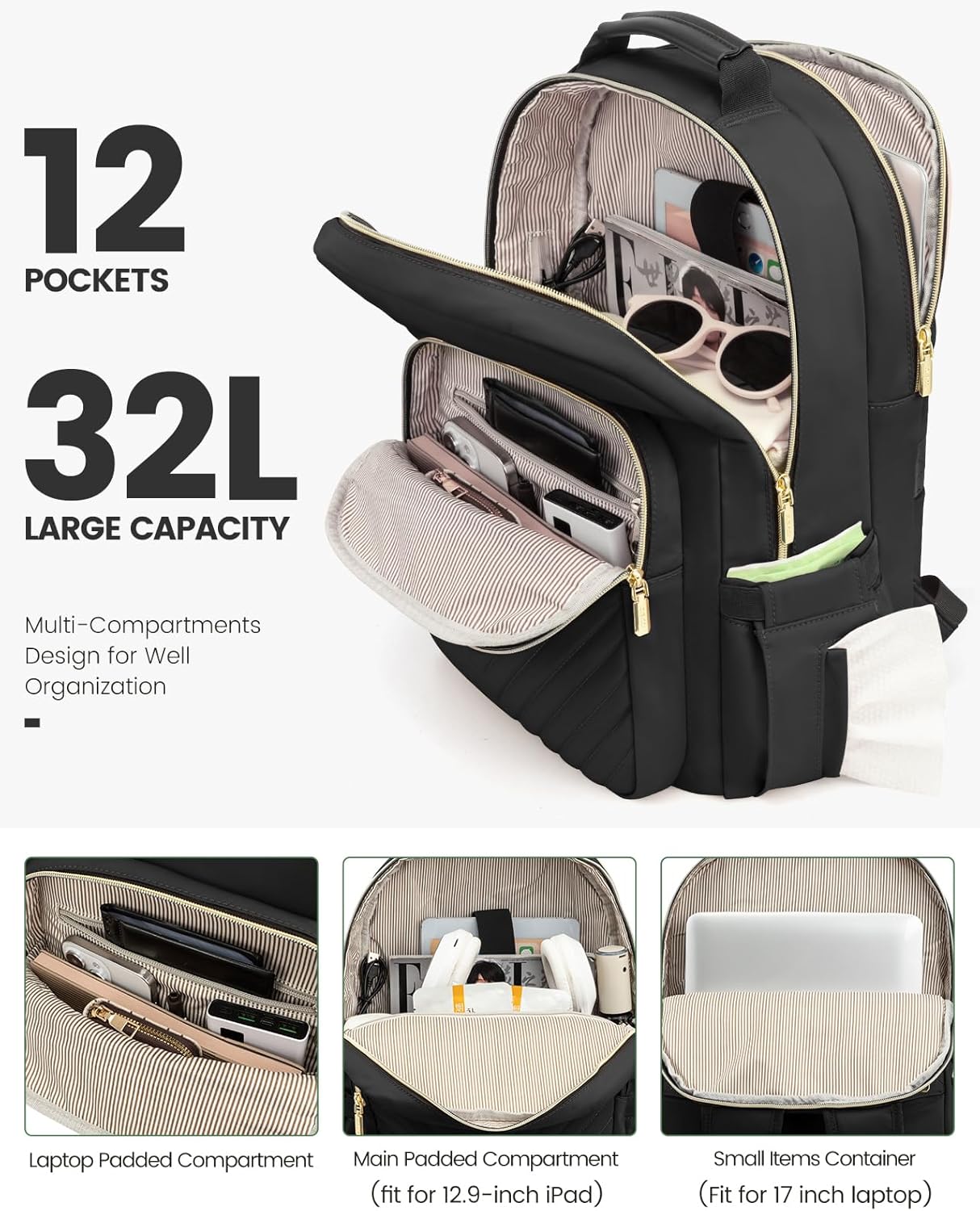 LOVEVOOK Laptop Backpack for Women, Travel Computer Work Bags with 17-inch Laptop Compartment, College School Student Bag Teen Backpacks For Girls, Hiking Outdoor Carry On Backpack Purse, Black