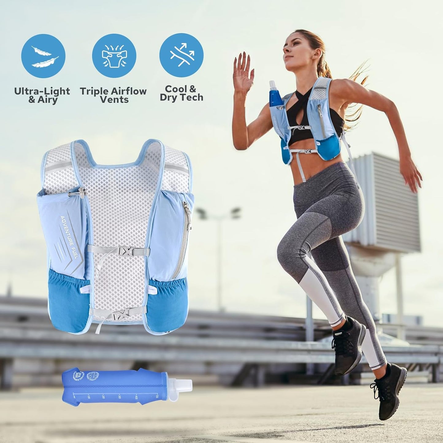 Lightweight Running Vest for Women Men, Adjustable Hydration Backpack with 500ml TPU Soft Flask, Breathable Reflective Large Capacity Water Backpack for Running Cycling Marathon Hiking