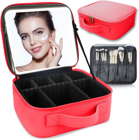 Makeup Bag with Led Mirror,Travel Makeup Organizer with 3 Color Setting, Portable Storage and Adjustable Dividers Travel Makeup Bag(light red)