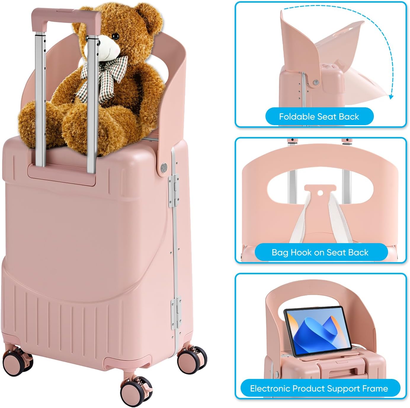 TABU 20" Ride-on Luggage with Seat For Kids & Adults，Carry On Hardshell Ride On Suitcase with 360° Lockable Spinner and TSA Lock, Pink