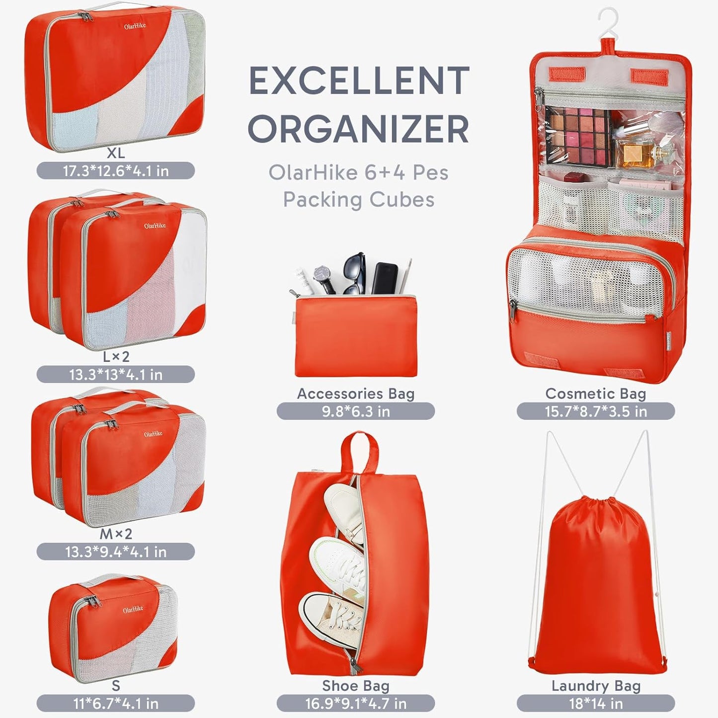 ALL INCLUDED 10 Set Sturdy Packing Cubes for Suitcases,OlarHike Travel Essentials,UPGRADED Anti-Tear Stitching, NEW Improved Luggage Packing Organizers for Travel Accessories (Orange)