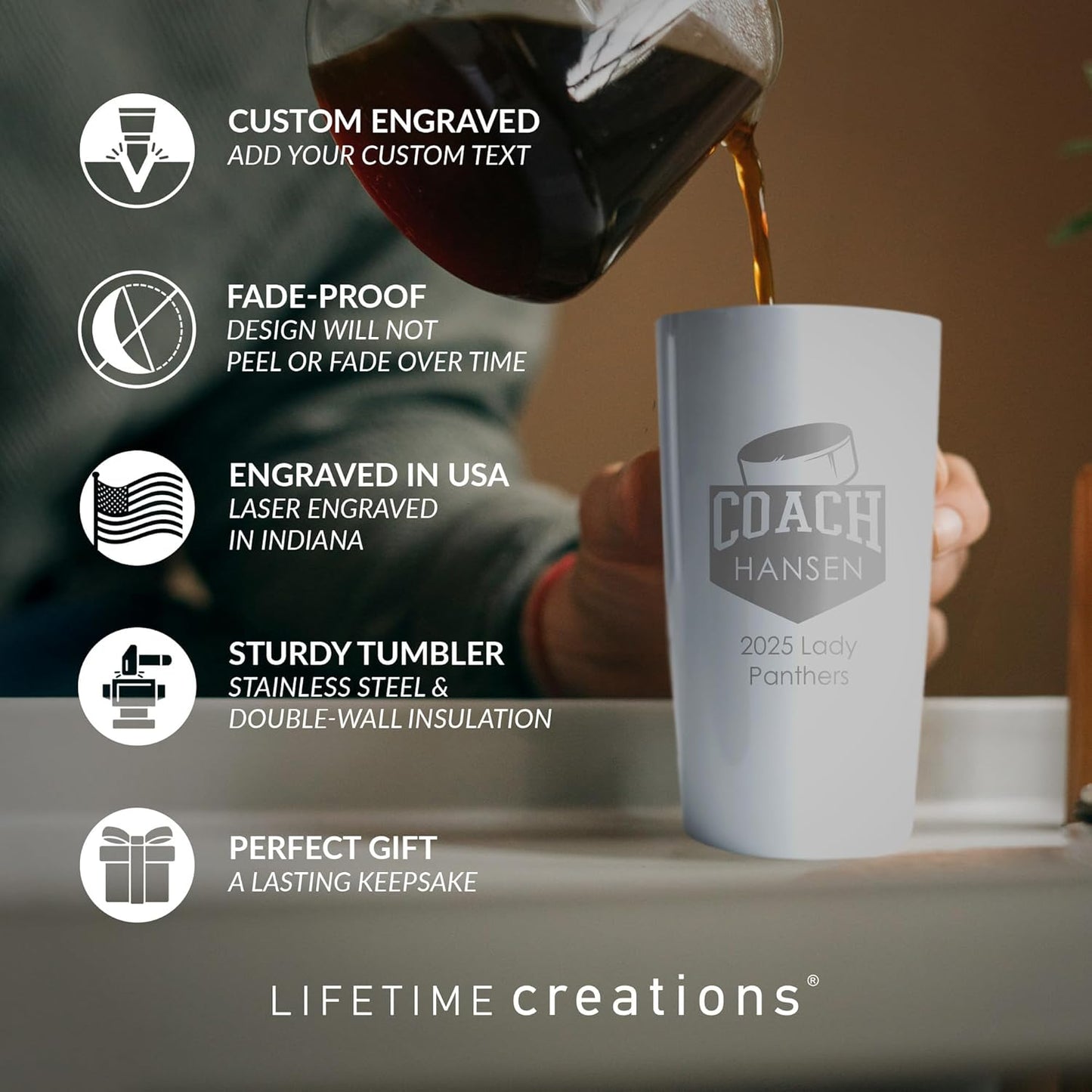 Lifetime Creations Personalized Hockey Coach Tumbler: Custom Hockey Coach Gift, Coaches Coffee Travel Mug from Team, Insulated Engraved Stainless Steel 20 Ounce Cup (White)