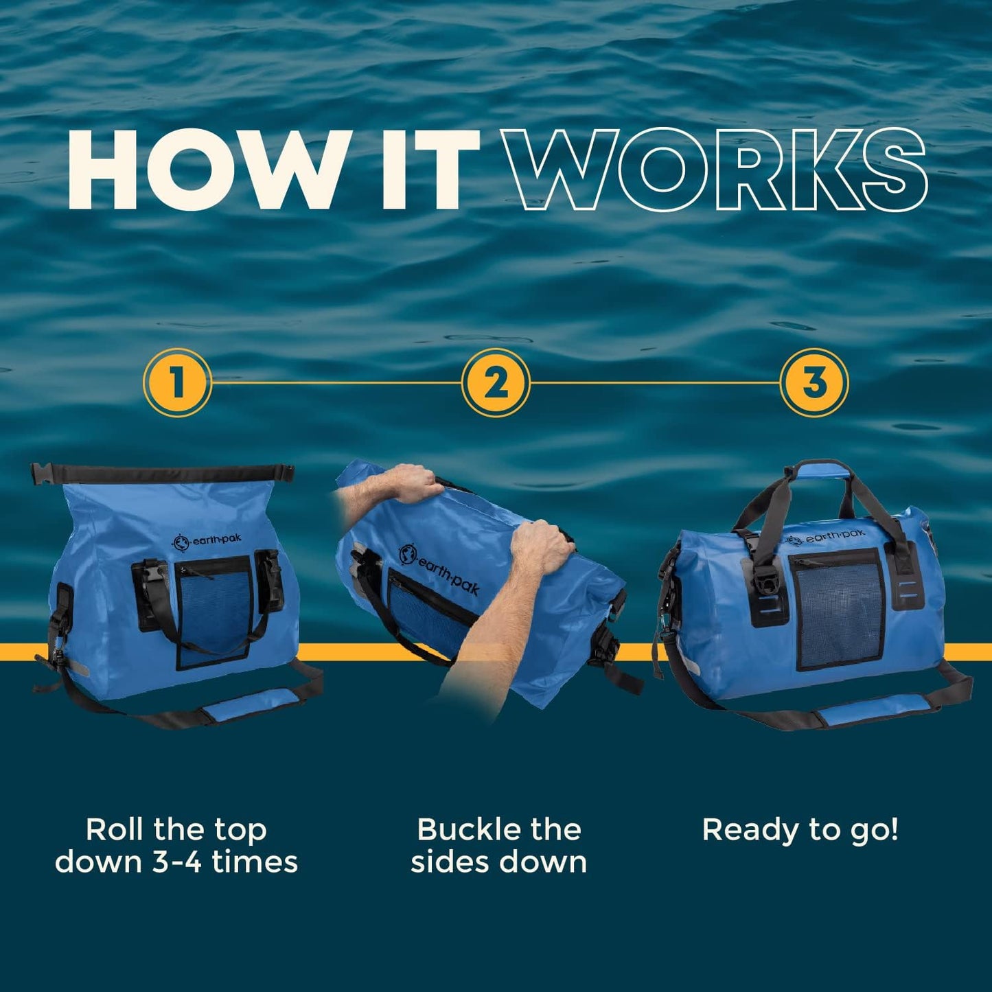 Earth Pak Waterproof Duffel Bag - Heavy Duty Motorcycle Dry Bag with Large Storage Space Perfect for Traveling, Camping, Kayaking, Fishing & Canoeing Bag 50L/70L/90L/120L Sizes
