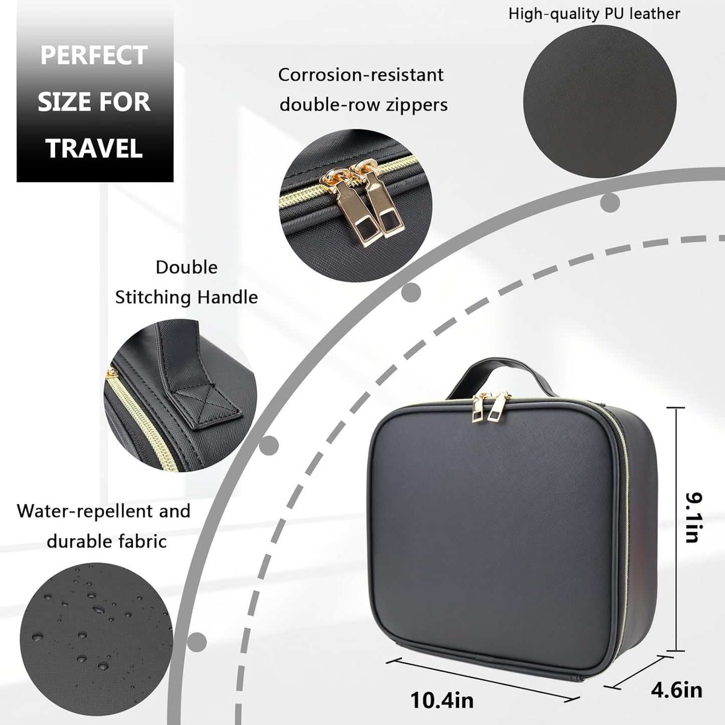Travel Makeup Bag for Makeup Artists Large Makeup Case,with Mirror 3 Color Setting and Jewelry box Travel Makeup Bag,Portable Storage and Adjustable Dividers（black）