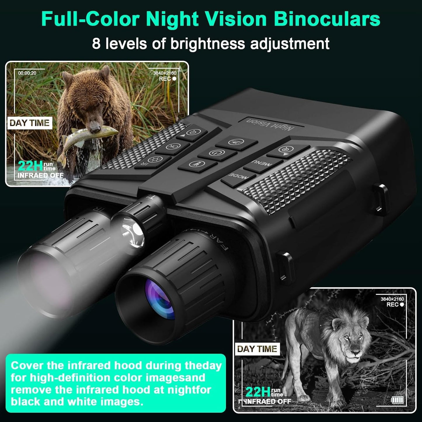 Night Vision Goggles, 4K Night Vision Binoculars with 58MP Full Color & AI Image Processing, 5000mAh Rechargeable Battery, 64GB Card, IP66 Waterproof, Tactical LED Light for Hunting Camping Security