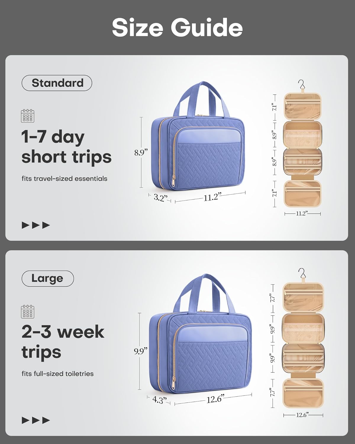 HOTOR Travel Toiletry Bag for Women & Men, Waterproof Makeup Bag with Hanging Hook and Multiple Pockets, Cosmetic Bags for Women, Travel Essentials, 12.6'' x 4.3'' x 9.9'', Aegean-Blue