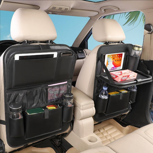 Leather Car Backseat Organizer with Tablet Holder - 9 Large Storage Pockets, Foldable Food Tray & Anti-Scratch Kick Mats - Universal Car Seat Protector for Kids, Pets & Travel Accessories 1 Pack