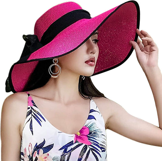 DRESHOW Beach Hats for Women Big Straw Wide Brim Summer Hat Floppy Foldable Roll up Cap Sun Hat UPF 50+