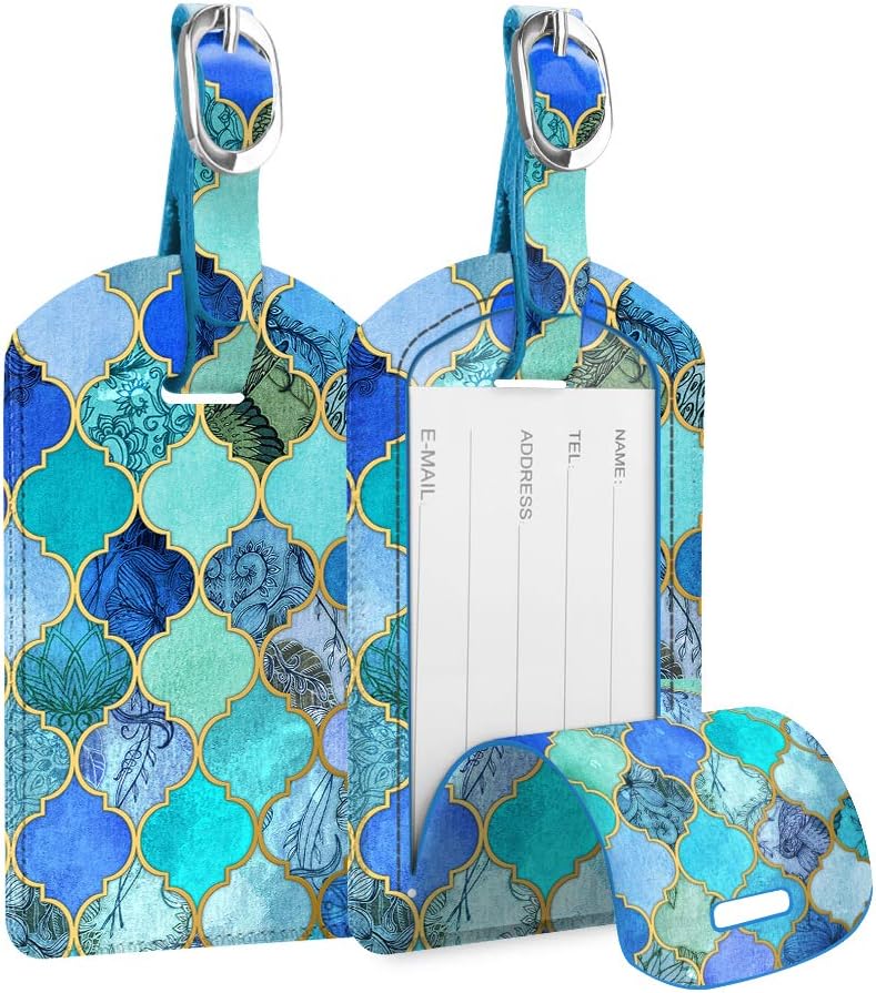 FINTIE 2 Pack Luggage Tags, Leather Name ID Labels with Privacy Cover for Travel Bag Suitcase, Theme - Cool Jade
