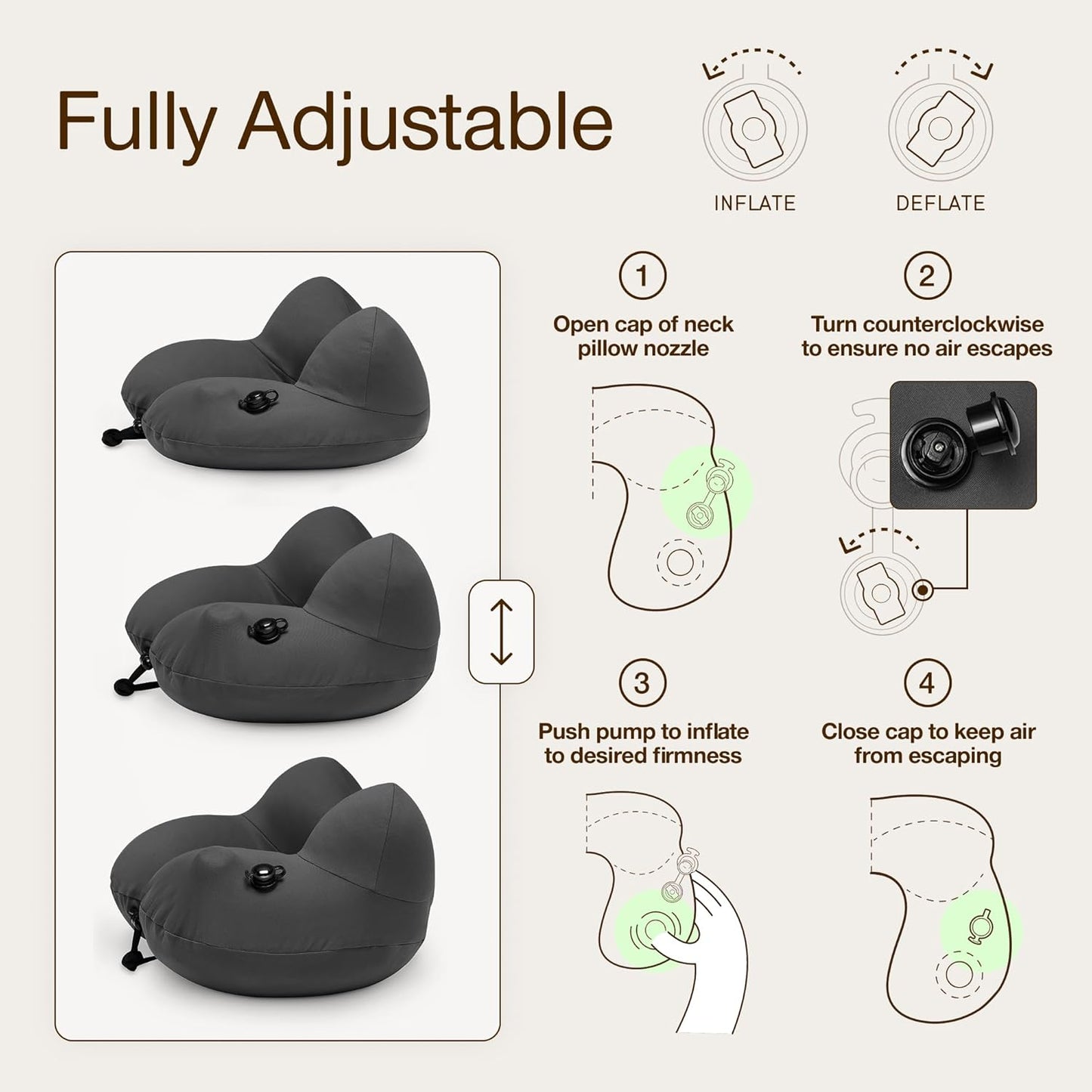 Coop Home Goods AirJustable Travel Neck Pillow, Inflatable, Adjustable Support for Neck & Chin, Compact Travel Pillow, Soft Memory Foam Comfort, Airplane Travel Essentials, Cooling & Washable Cover