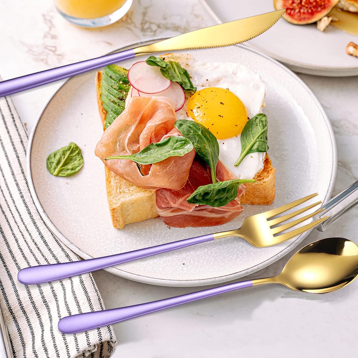 AARAINBOW 6 Pieces 18/8 Stainless Steel Flatware Set Portable Reusable Cutlery Set Travel Utensils Set Including Chopsticks Knife Fork Spoon Straws Cleaning Brush Dishwasher Safe (Purple golden)