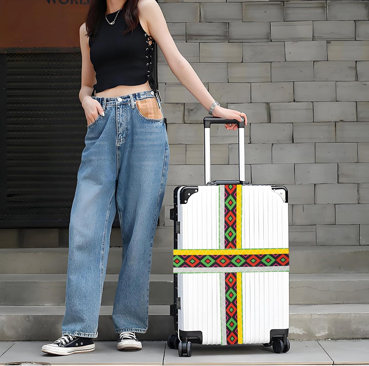Geometric Arts Luggage Straps for Suitcases, Adjustable Luggage Travel Belt to Keep Luggage Security While Travel, Strong Polyester Fabric, Easy-to-Recognize Funny Pattern Travel Accessories, 2 Pack