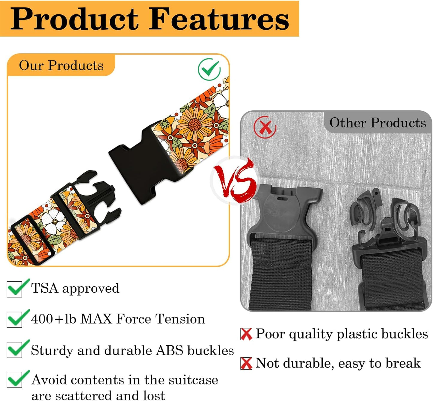 Yellow Daisy Luggage Straps for Suitcases TSA Approved, Luggage Identifiers for Suitcase, Adjustable Suitcase Strap for Baggage Security with Cute Patten, Travel Necessary Accessories (2Pack)