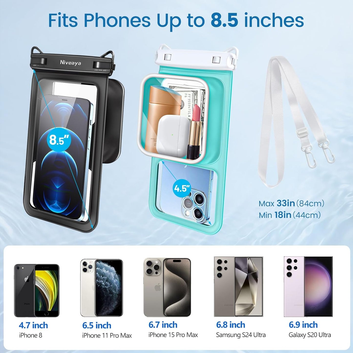 Niveaya 2 Pack IPX8 Waterproof Phone Pouch, Large Space Cell Phone Pouch Floating, Water Proof Phone Case with Lanyard, Phone Dry Bag Beach Cruise Ship Essentials(Up to 8.5")