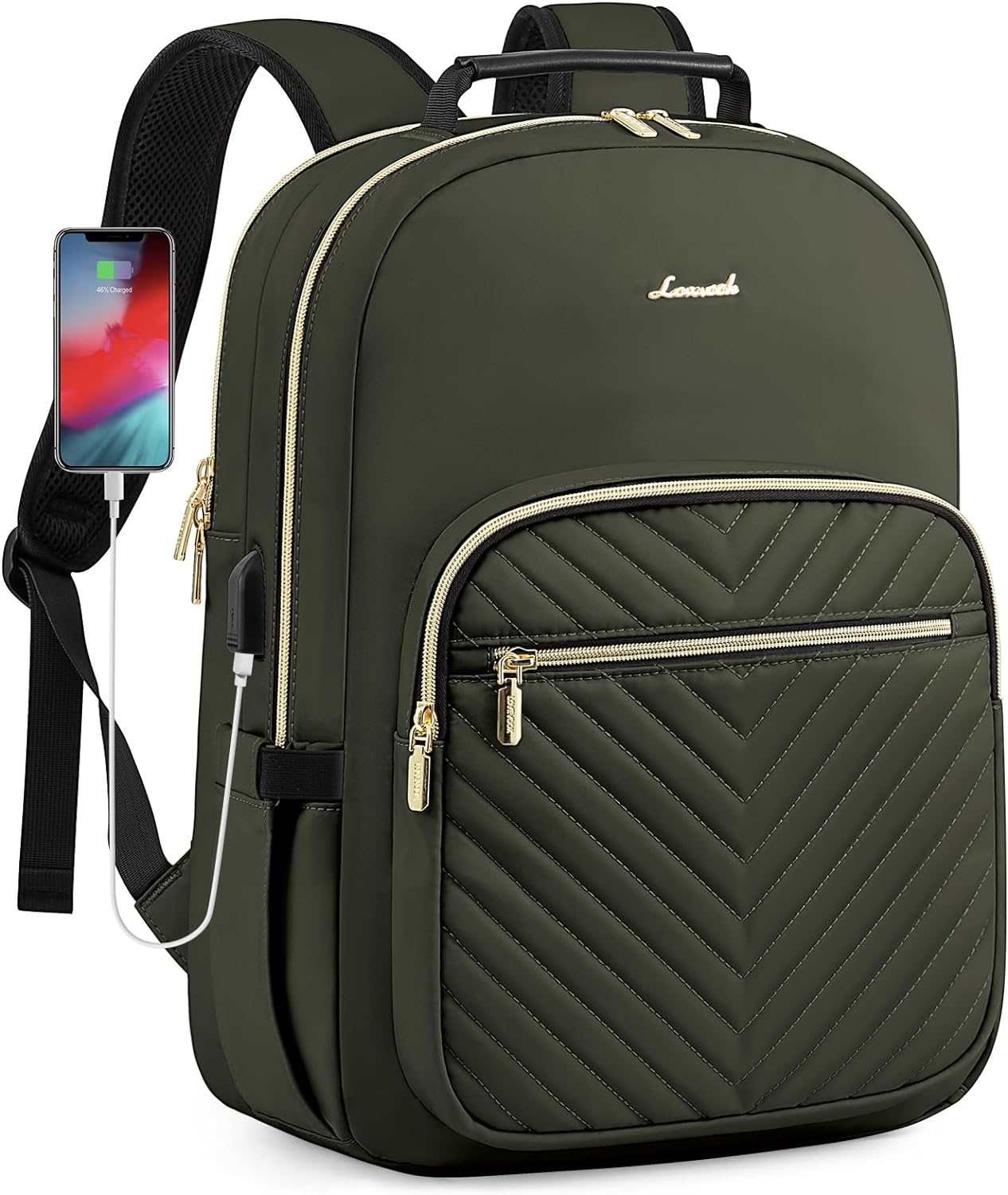 LOVEVOOK Laptop Backpack Purse for Women, Work Business Travel Computer Bags, College Nurse Backpack for Womens, Quilted Casual Daypack with USB Port, Fit 15.6 Inch Laptop, Army Green