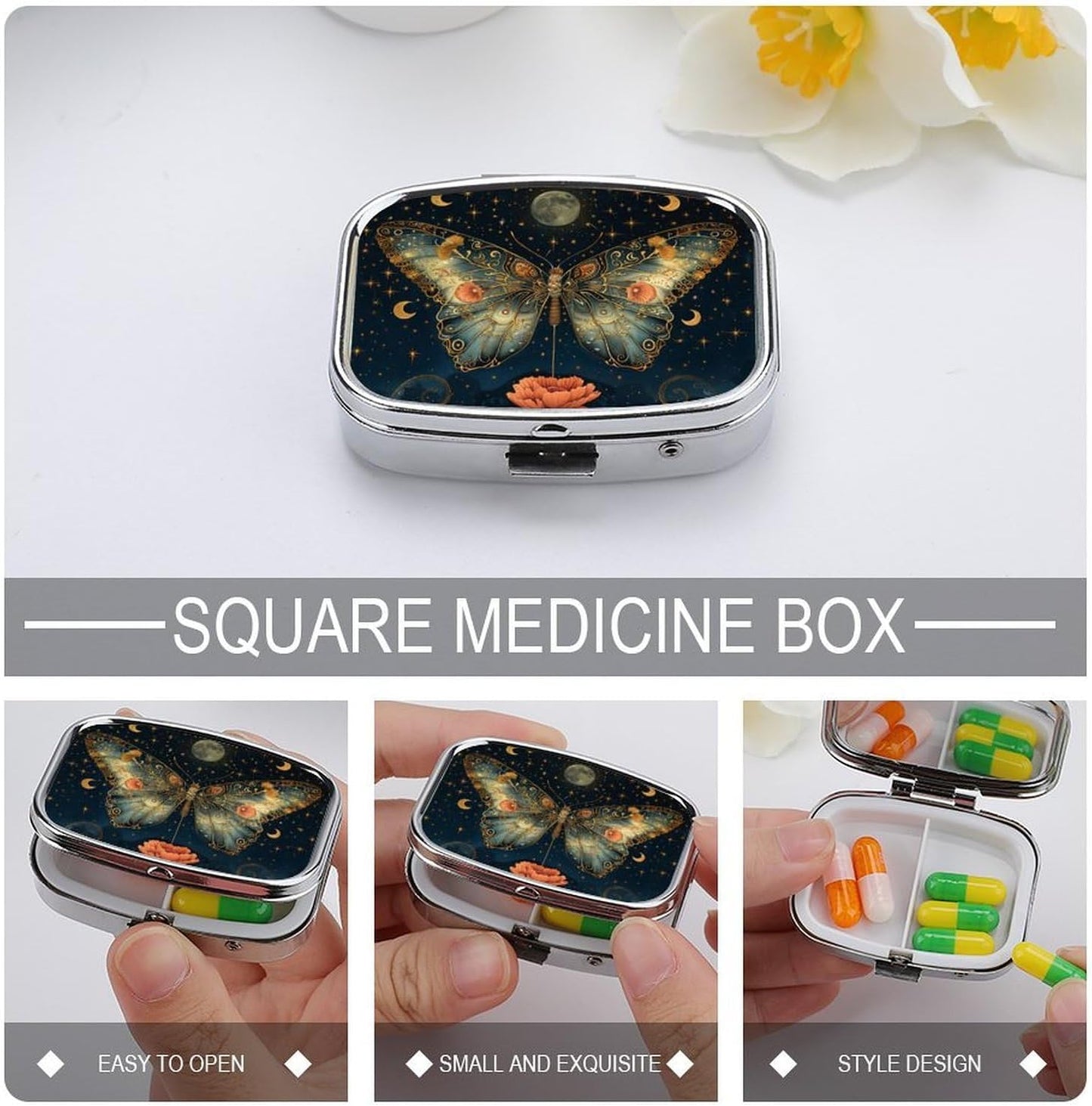 Metal 2 Compartment Pill Organizer Travel Friendly Portable Compact Pill Box Cute Pill Case to Hold Vitamins,Fish Oil,Supplements,Meds,Tablet for Purse,Pocket. (Butterflies in The Night)