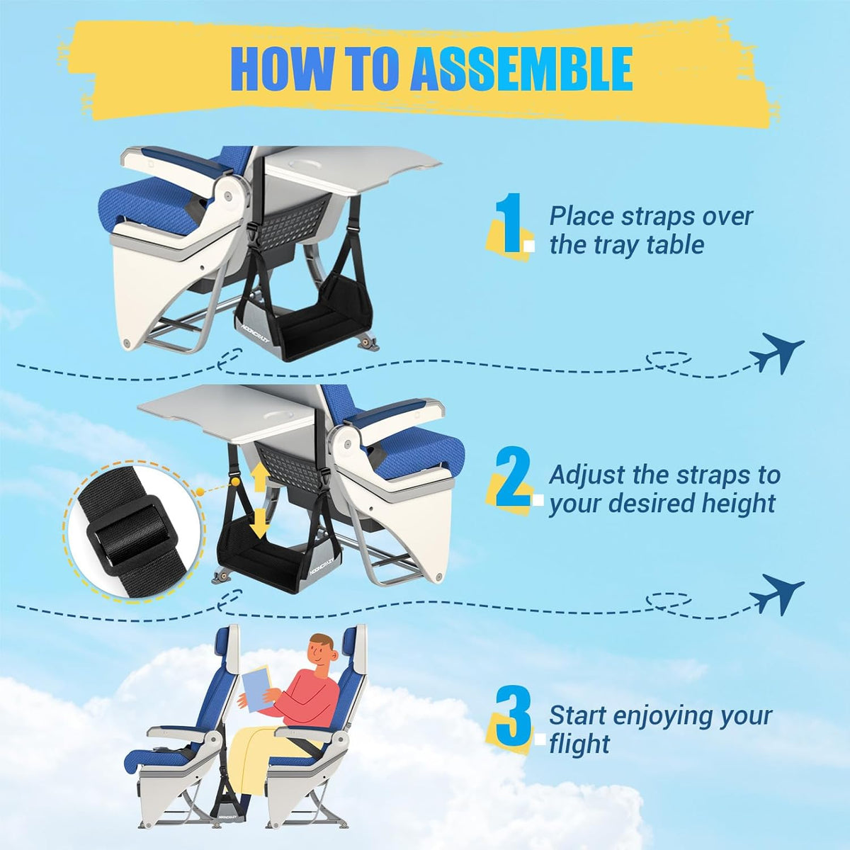 Airplane Foot Hammock, No Collapse Foot Rest for Plane Travel with Extended Adjustment Strap, Portable Desk Foot Hammock with Thickened Foam, Foot Sling Travel Essentials to Relax Your Feet(Gray)