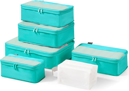 6 Set Compression Packing Cubes for Travel Essentials, Luggage Organizers for Suitcases (Teal)
