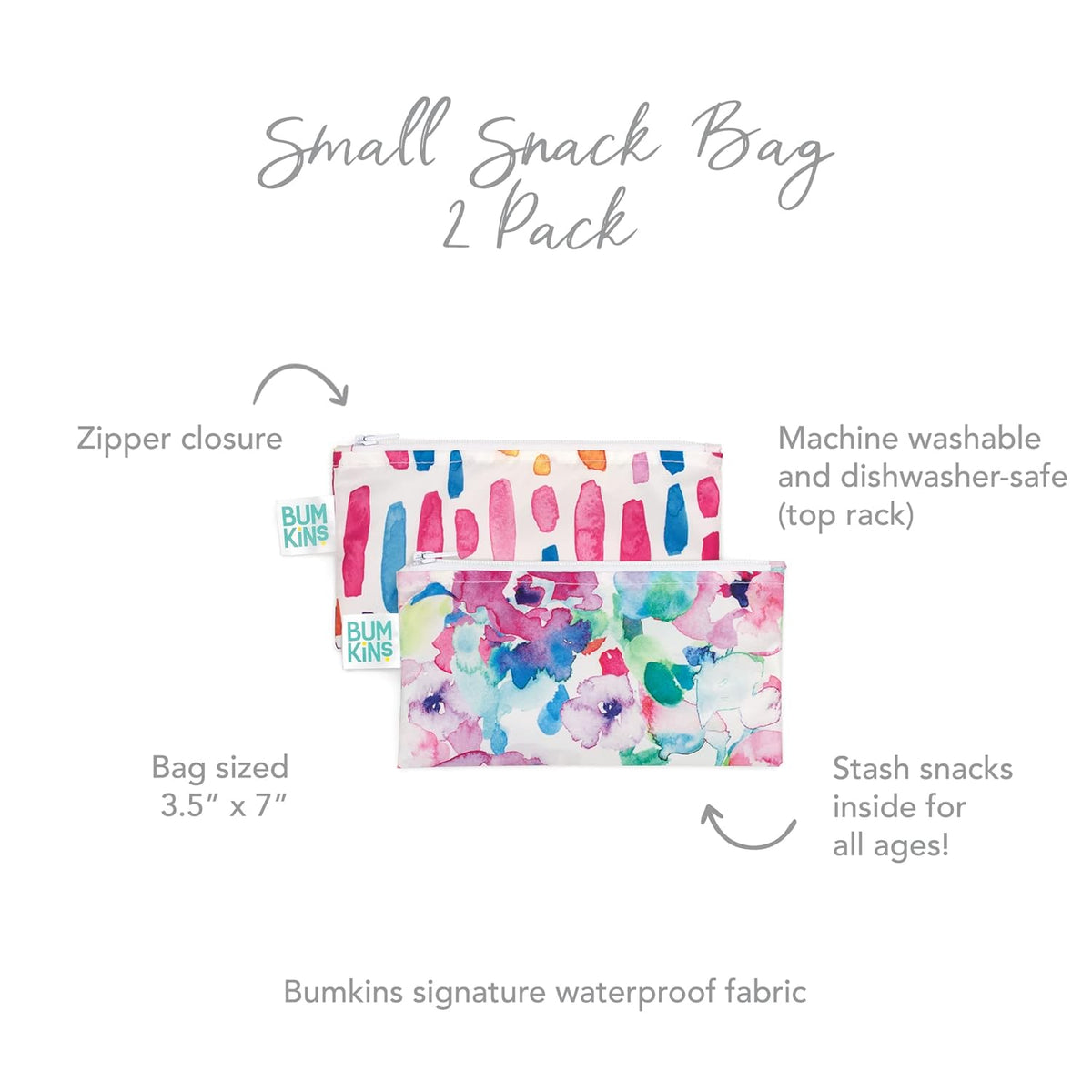 Bumkins Reusable Snack Bags, for Kids School Lunch and for Adults Portion, Washable Fabric, Waterproof Cloth Zip Bag, Supplies Travel Pouch, Food-Safe, 2-pk Watercolors and Brushstrokes