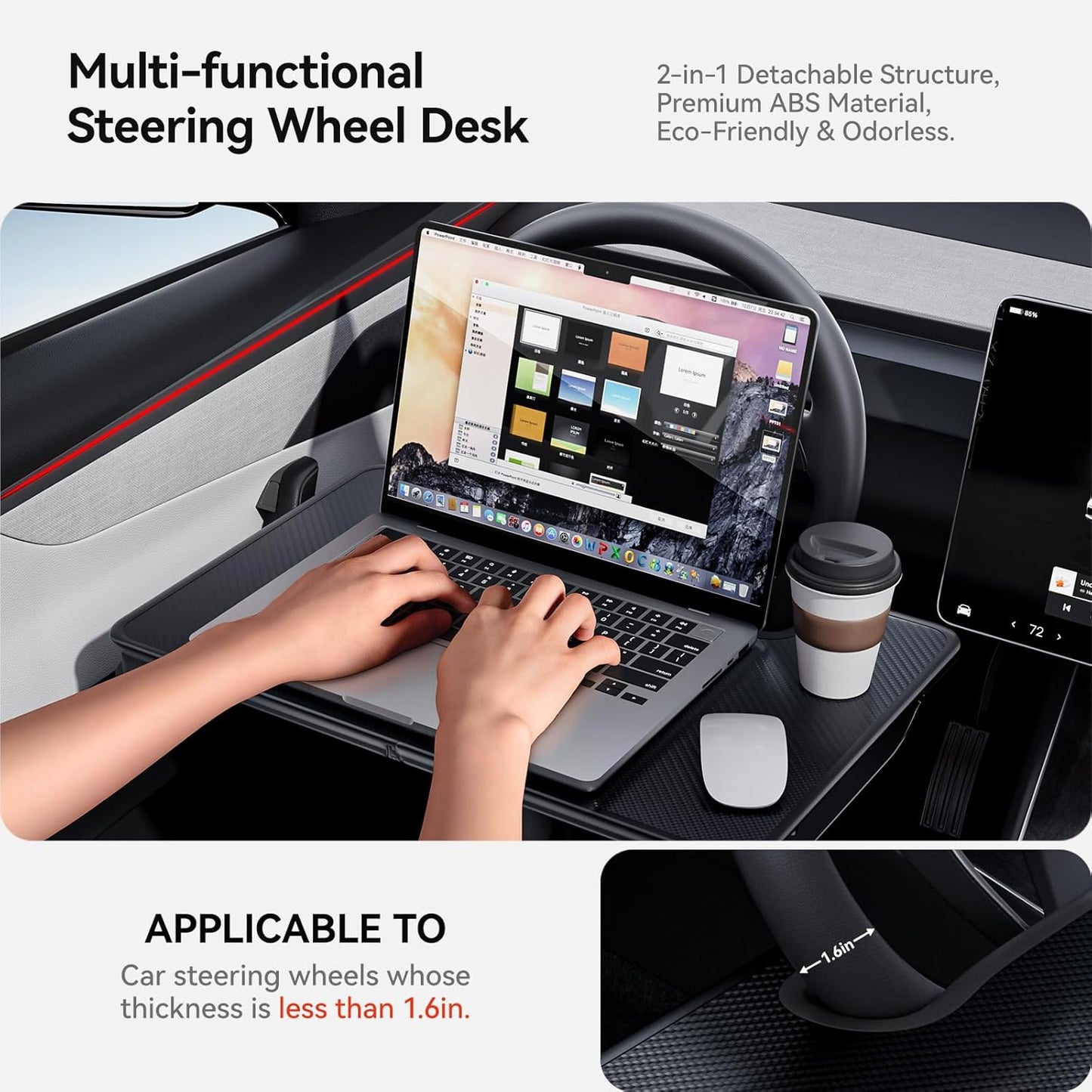YONZEE 2-in-1 Car Steering Wheel Desk Tray & Car Seat Gap Filler Organizer – Foldable Carbon Fiber Look Table for Laptop, Eating Food, Writing – Universal Fit for Most Vehicles