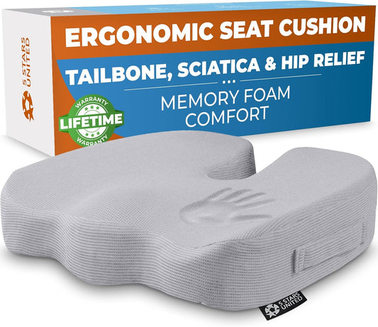 5 STARS UNITED Seat Cushion for Tailbone Pain Relief – Memory Foam Cushion for Coccyx, Hip, Hemorrhoid, Sciatica & Post-Surgery Recovery – Wheelchair, Car, Desk, Gaming & Office Chairs, L Gray
