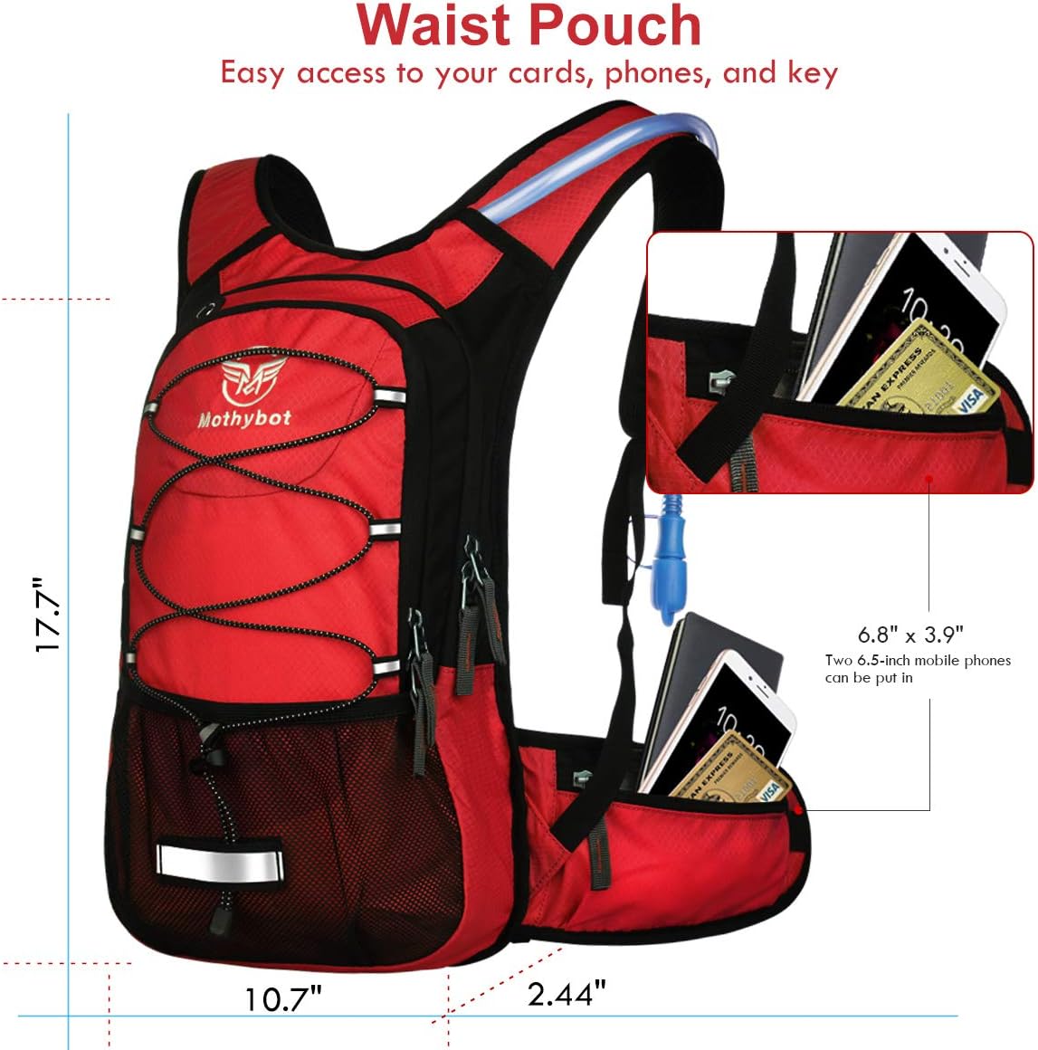 Insulated Hydration Backpack Pack with 3L BPA Free Leak Proof Water Bladder, Large Storage Lightweight Hiking Daypack with Waist Pouches & Cooler Layer, for Running, Biking, Camping, Festival