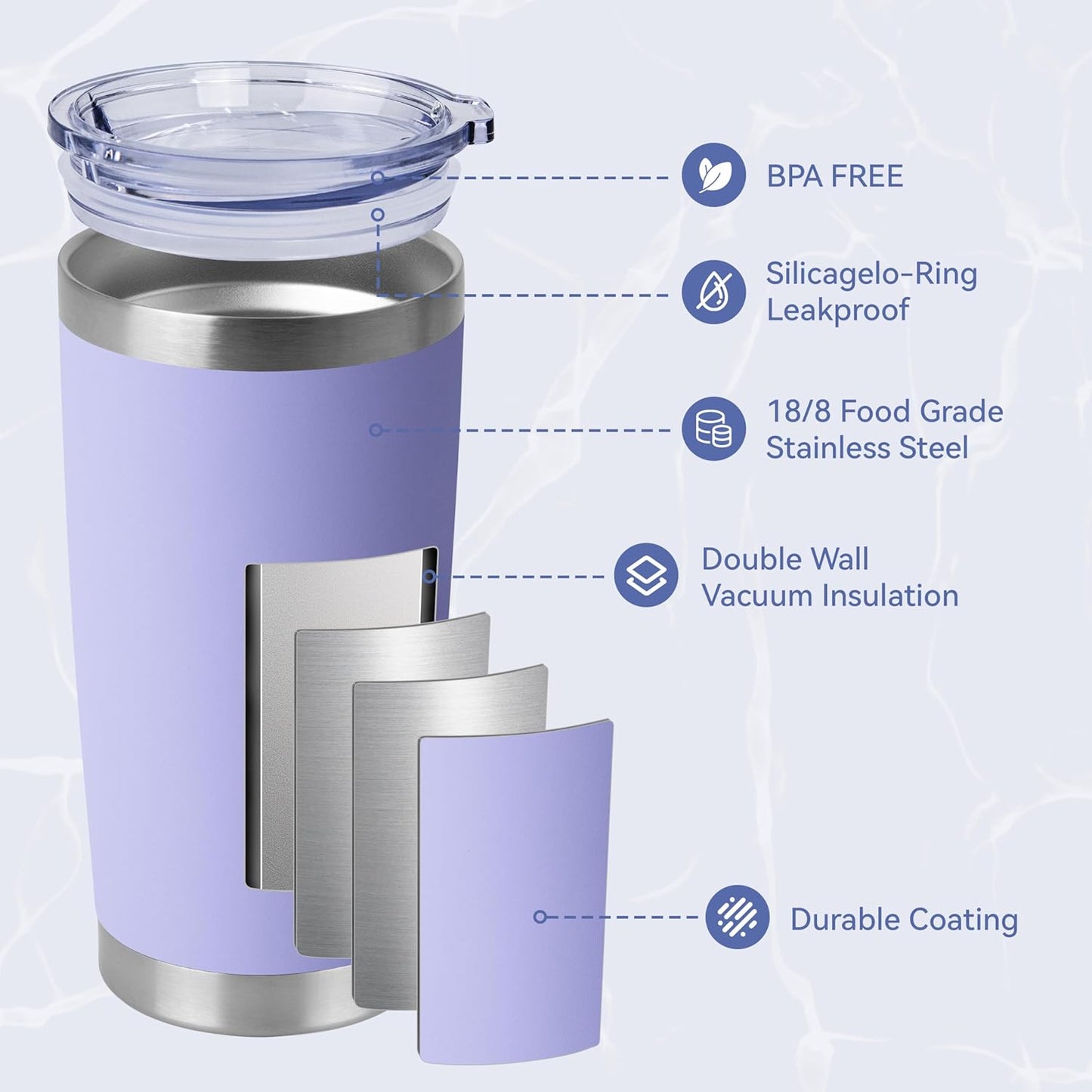 HASLE OUTFITTERS 20oz Stainless Steel Tumblers Bulk, Insulated Travel Cup with Lid, Double Wall Vacuum Coffee Mug for Cold & Hot Drinks 4 Pack, Light Purple