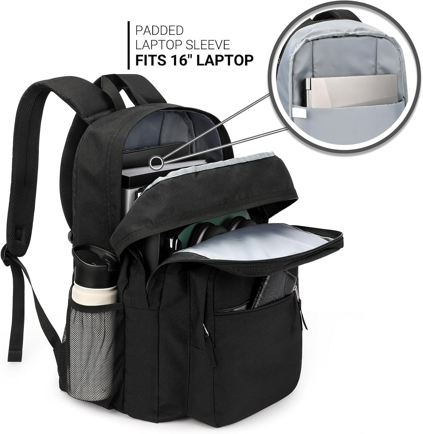 ZORFIN 36L Black Backpack for College, and Travel: Water Resistant Bookbag