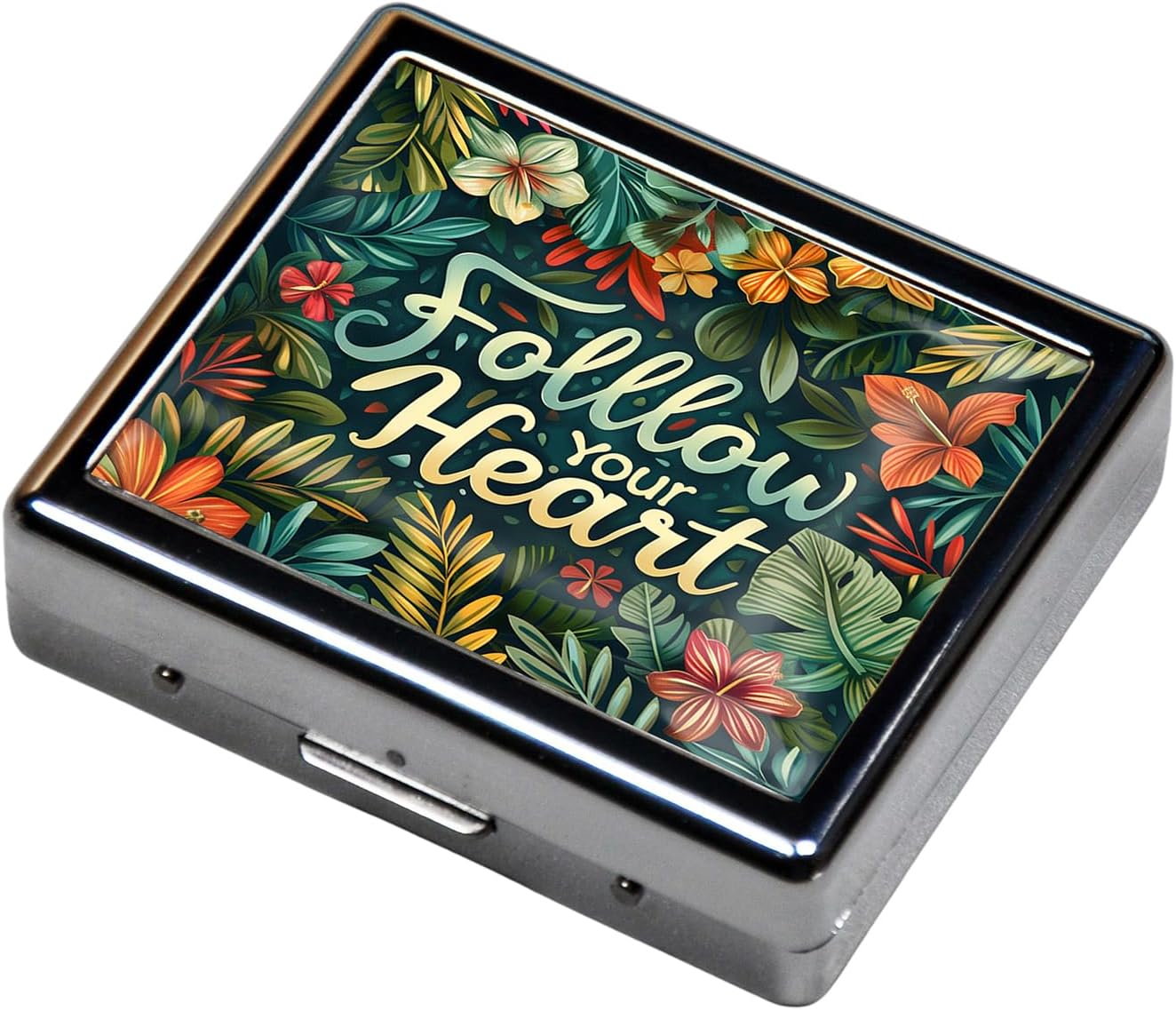 Cute and Portable Metal Pill Organizer – 8 Compartments, Elegant Chrome Finish, Ideal for Travel and Daily Use (Follow Your Heart Floral)