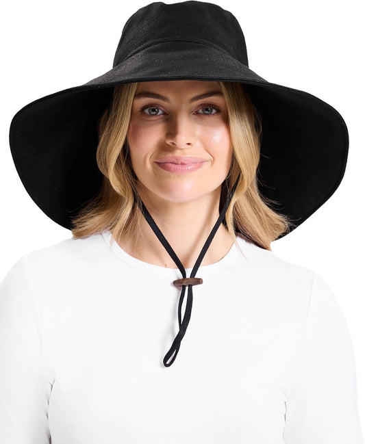 Solbari Women’s Ultra-Wide Cotton Linen Sun Hat UPF 50+, Packable, Adjustable with Ponytail Hole for Travel, Beach & Outdoors