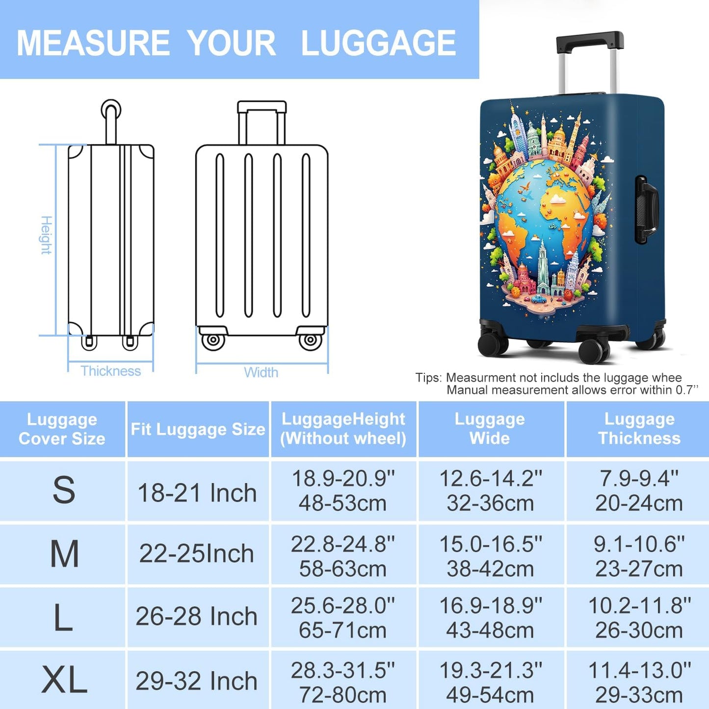 Luggage Cover Washable Suitcase Protector Anti-Scratch,Stretchable Fit for 20-34Inch Luggage Durable Travel Bag Cover with Zipper Closure (Earth, L(fits 28-30Inch suitcase))