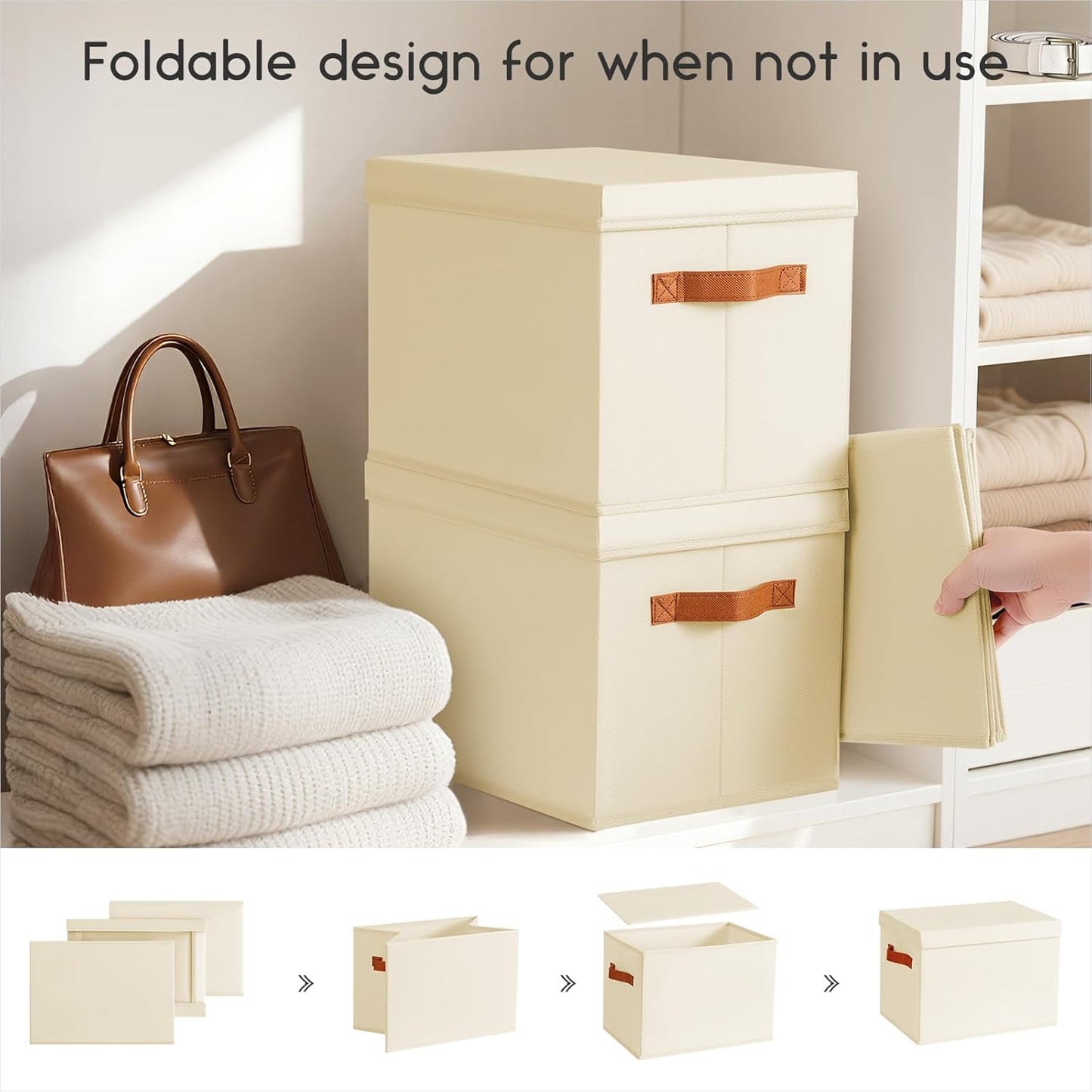 Storage Bins with Lids - Large Fabric Closet Bins with Lid, 5 Pack Clothes Organizers and Storage, Collapsible Stackable Cube Basket for Home, Office, Dorm, Beige