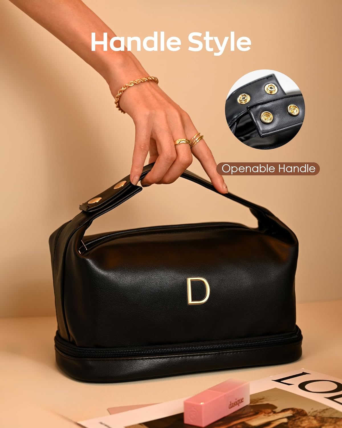Wedding Gifts, College Gift Makeup Bag with Handle, Trendy Gifts for Women Cosmetic Bag with Makeup Brush Organizer, PU Leather Travel Toiletry Bag, Gift for Friends Female Mom