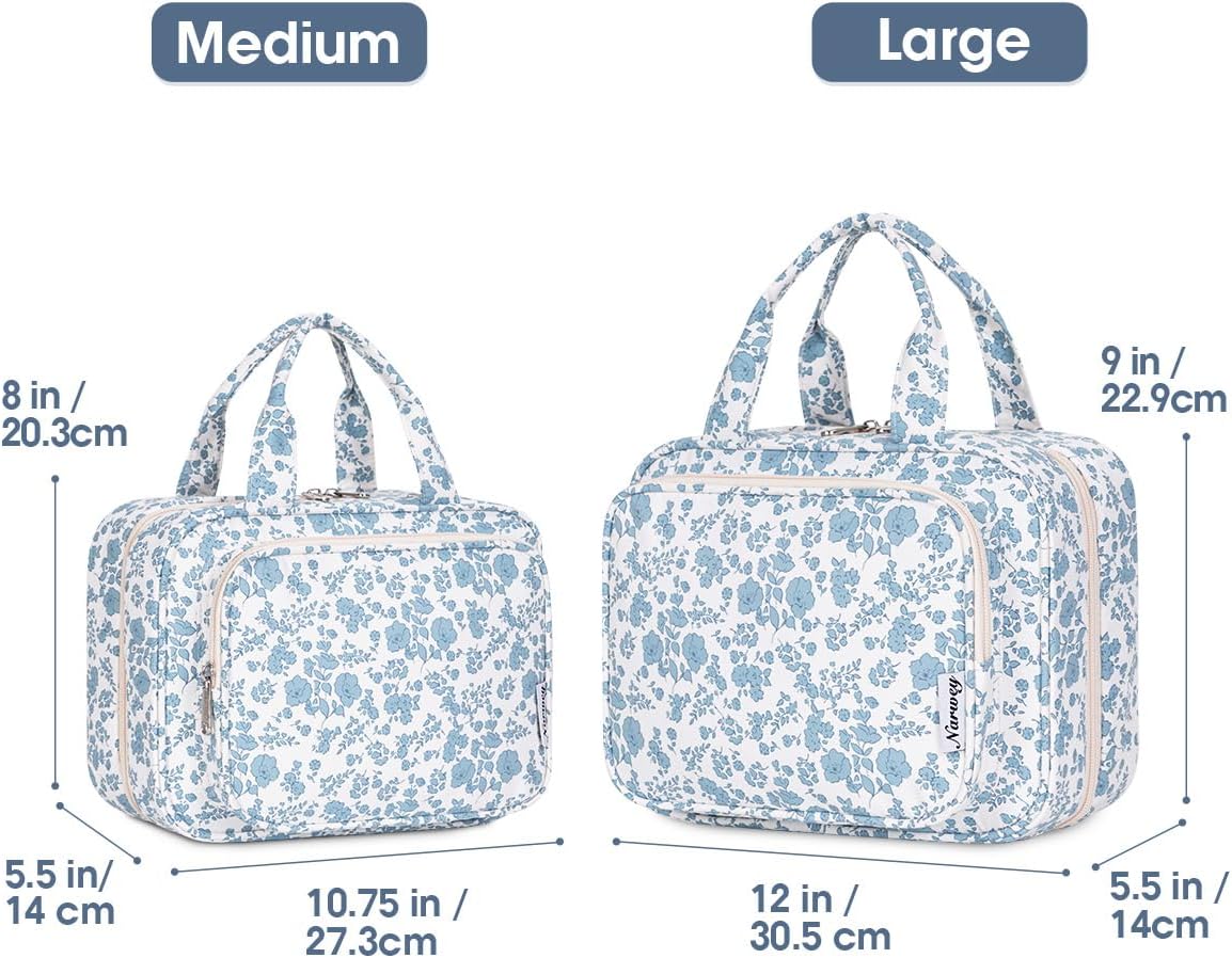 Narwey Travel Toiletry Bag for Women Large Hanging Makeup Bag Organizer Toiletries Bag for Full Size Essentials Accessories Cosmetics (Little Blue Flower (Large))