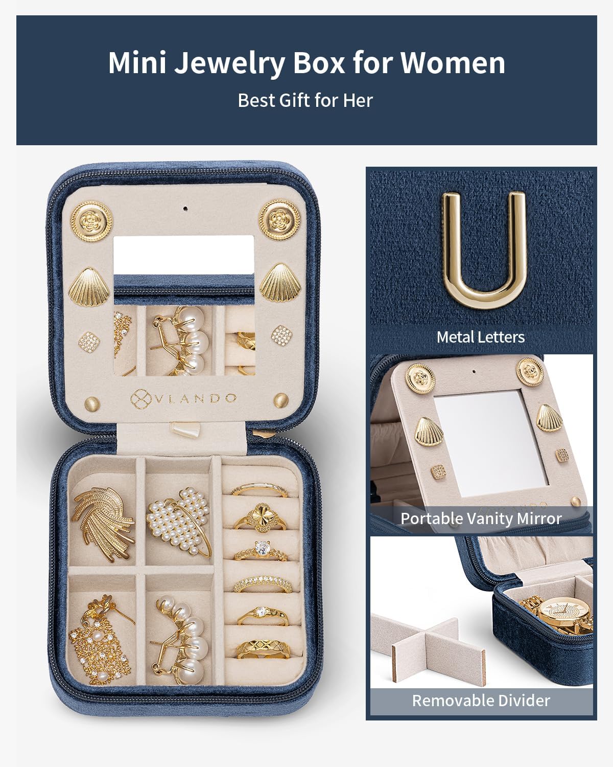 Vlando Mom Gifts for Women, Travel Jewelry Case for Mother Gifts, Travel Gifts for Mother Mom from Daughters, Travel Essentials Small Jewelry Box, Jewelry Travel Organizer - Letter U, Dark Blue