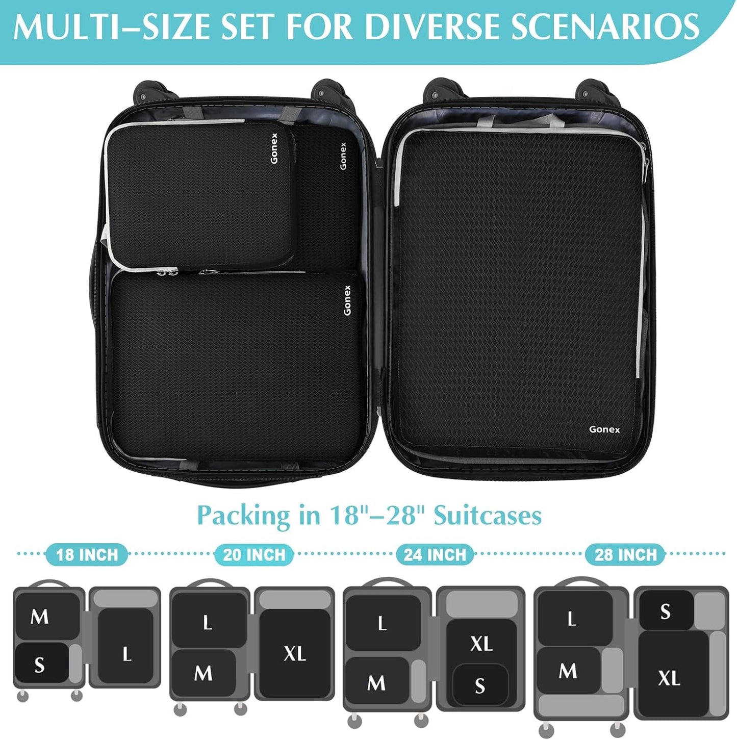 Gonex Compression Packing Cubes, 3pcs/4pcs Expandable Storage Travel Luggage Bags Organizers