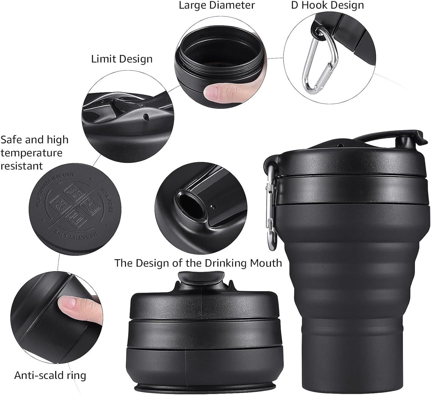 Collapsible Coffee Cup, 2 Pack 20 OZ 600ml Silicone Travel Folding Cup, Leak Proof BPA Free Portable Cup, Travel mug with Lids for Camping hiking (2 * 20OZ)
