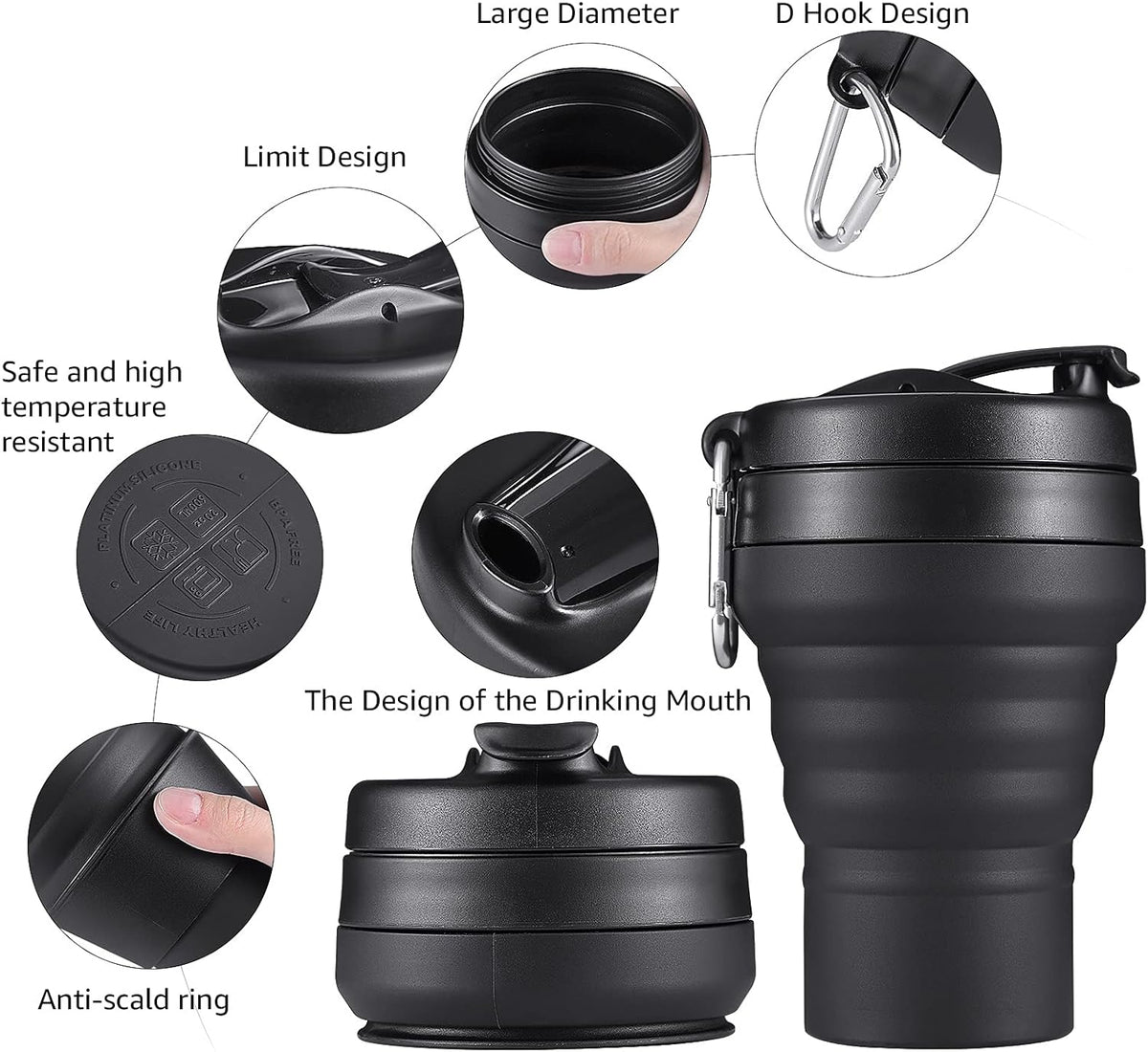 Collapsible Coffee Cup, 20 OZ 600ml Silicone Travel Folding Cup, Leak Proof BPA Free Portable Cup, Travel mug with Lids for Camping hiking (20OZ)