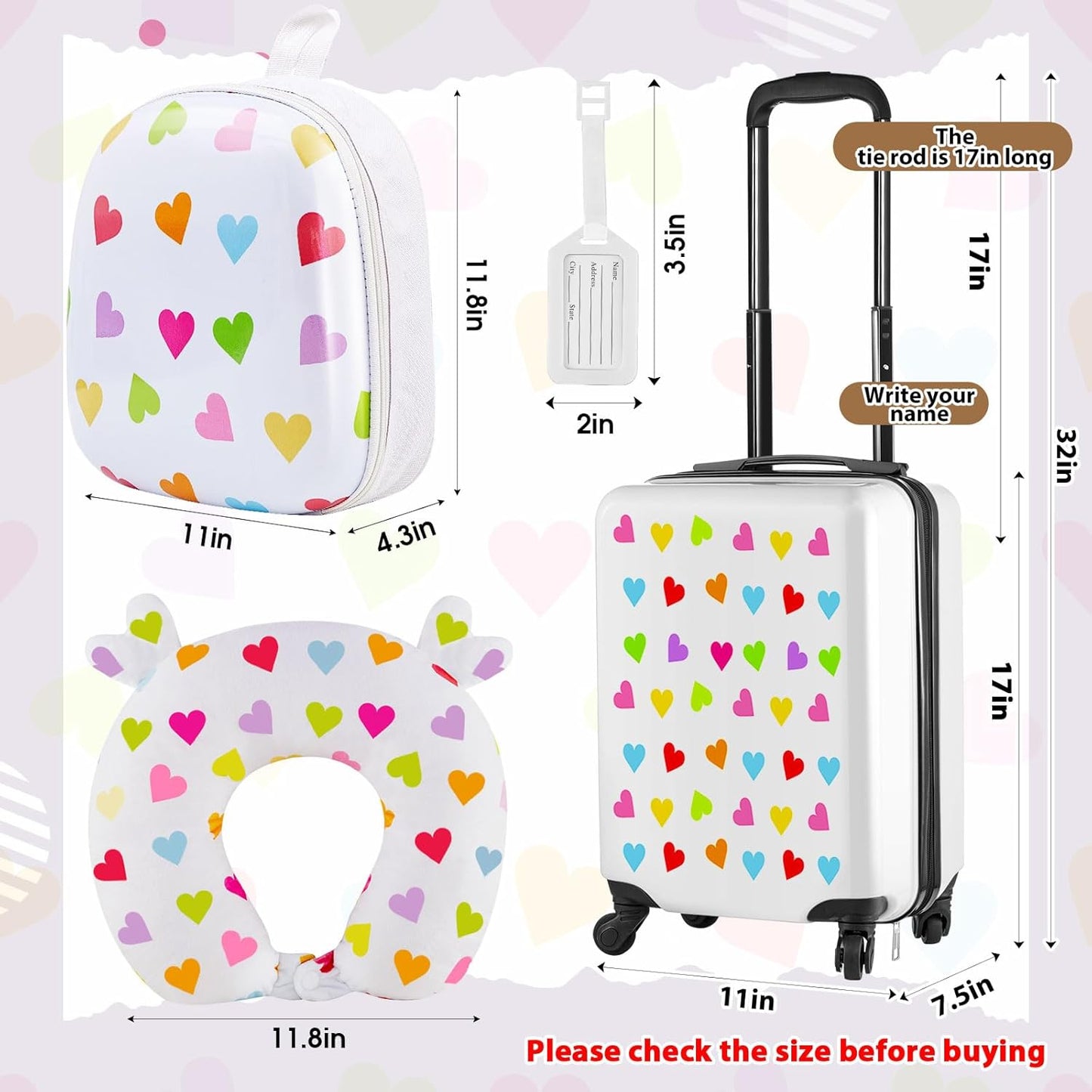 Sanwuta 4 Pcs Kids Luggage Set Kids Backpack Travel Rolling Suitcase with Wheels U-shape Pillow Childrens Gift for Girls Boys(17 Inch,Heart Style,White)