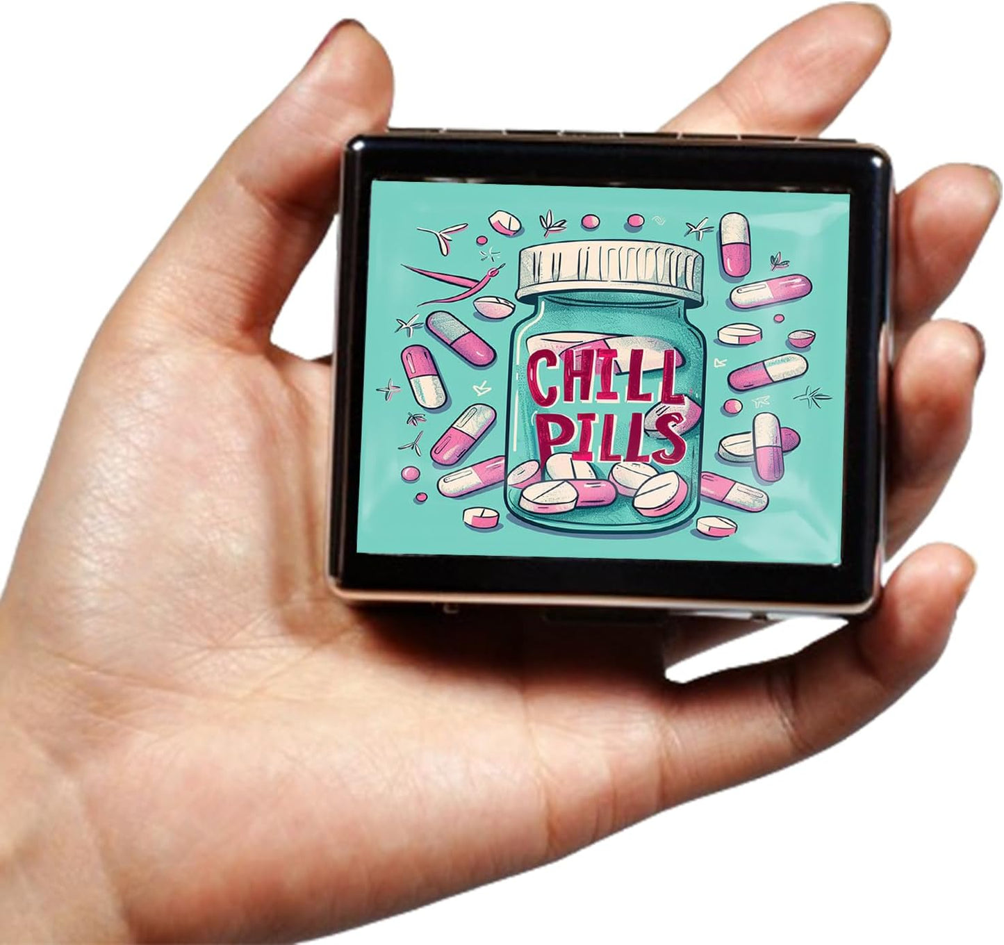 Cute and Portable Metal Pill Organizer – 8 Compartments, Elegant Chrome Finish, Ideal for Travel and Daily Use (Chill Pills Fun)