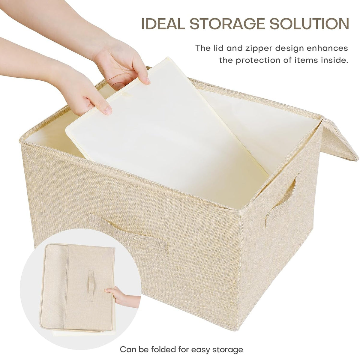ANMINY 2PCS Storage Bins with Zipper Lids 36 Qt Lidded Fabric Storage Boxes Baskets Cubes with Handles Collapsible Washable Cotton Linen Closet Shelf Clothes Organizer Containers - Beige, Large